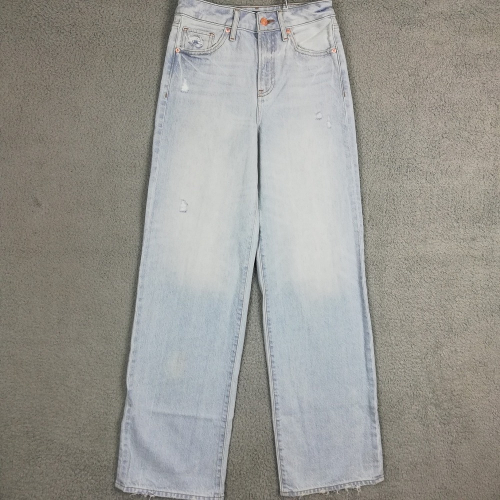 Express Womens Jeans Wide Leg High Rise Blue Denim Light Wash Distressed Long 0L